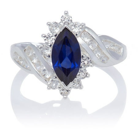 Created Blue Sapphire Marquise and White Sapphire Sterling Silver Ring, Size 7