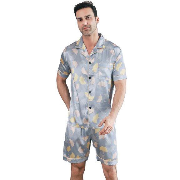 Aisomnus Men's Silk Pajama Set | Silk Satin | Short Sleeve Top and Pants | Buttoned sleepwear Set Two| Gray Gray Leaf Print-XL