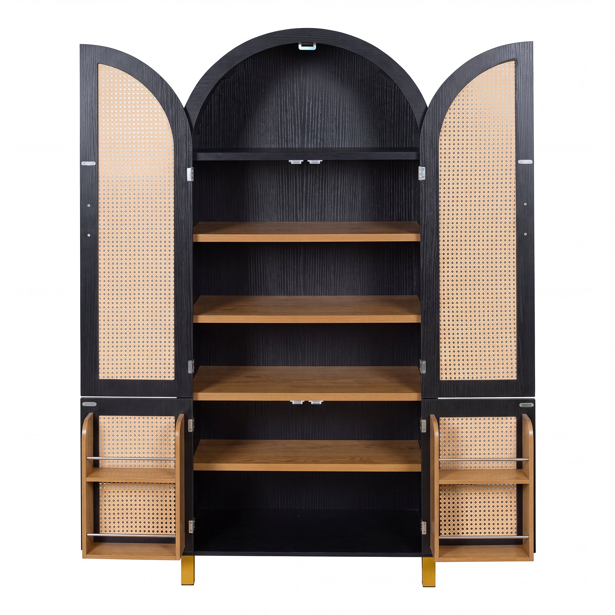 71" Tall Arched Cabinet with Rattan Doors & Adjustable Shelves,4 Doors Modern Farmhouse Storage Cabinet with Built-in Racks for Kitchen, Dining Room, Study, Black