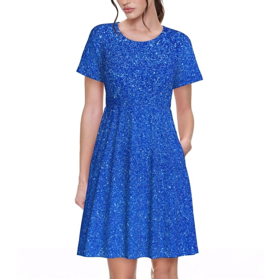 Kuqiui Blue Glitter Print Women's Short Sleeve A-Line Dress with Pockets, Casual Crew Neck Knee-Length Dress for Daily Wear