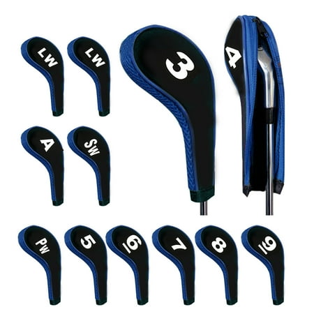- 12PCS Golf Clubs Iron Head Covers Headcovers Protector with Zipper Long Neck(Blue & Black)