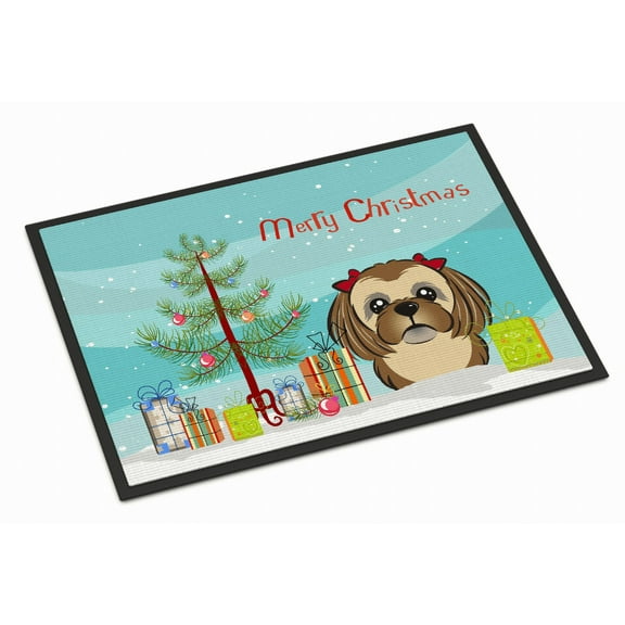 Caroline's Treasures BB1621JMAT Christmas Tree and Chocolate Brown Shih Tzu Door Mat, Indoor Rug or Outdoor Welcome Mat
