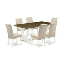 East West Furniture V-Style 7-piece Wood Dining Table Set in White/Cream