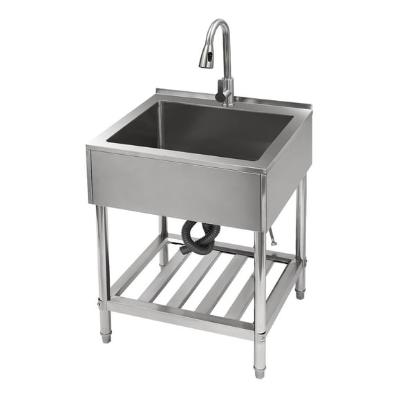 YIYIBYUS Commercial Utility Sink Stainless Steel Freestanding Single Bowl Laundry Sink with Pull-Out 360° Faucet, Adjustable Temperature, 63.5×56×87cm