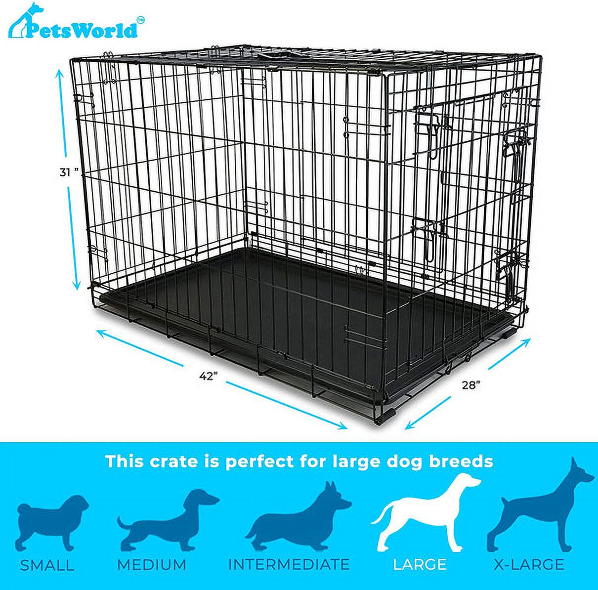 Solid-Steel Dog Crate| Heavy Duty, Foldable, Easy to Assemble, Floor Protection Roller Feet. - Double Door - 42-inch w/ Divider