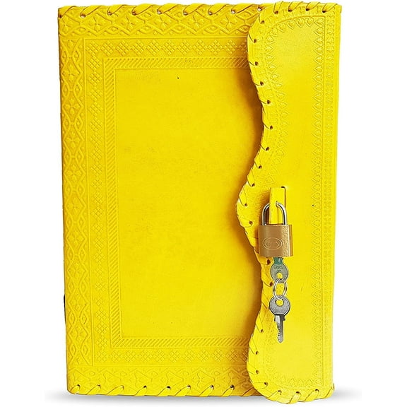 Jaald 10" Leather Journal Blank Notebook Handmade Travel Diary with Lock Writing Bullet Journal Christmas Gift Yellow Sketchbook for Artists