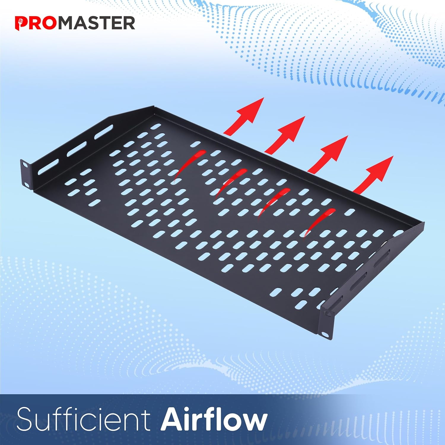 ProMaster Server Vented Shelf - 2-Pack 19 Inches, 10'' Deep, 1U Universal Integration Server Vented Rack Mounting Tray For Good Airflow, Cantilever Mount, Device and Equipment Wall Mounting - Black