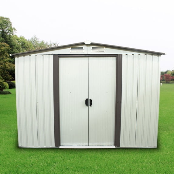 Ainfox 8' x 6' Steel Storage Shed Backyard Lawn Building Garage, White and Gray