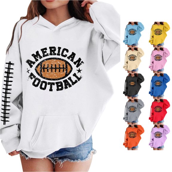Gyujnb Football Print Hooded Pullover with Sleeve Graphic, Casual Layering Top (Toddler to Big Girls),18-24 Months