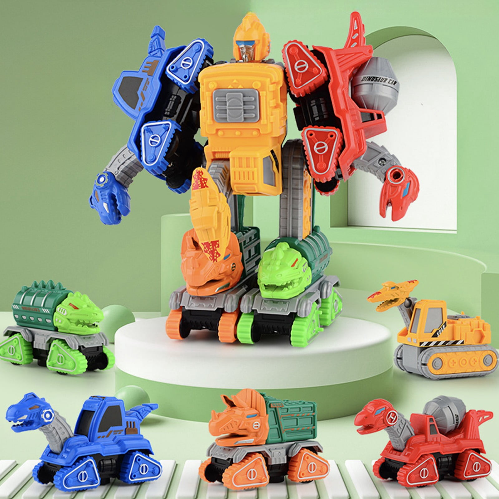 5 in 1 Dinosaur Transformer Construction Vehicle Set, Fire Truck Excavator Bulldozer Assembly Toy, Pull Back Action No Battery, Robot Combiner (8.26x5.51x2.87 inch)
