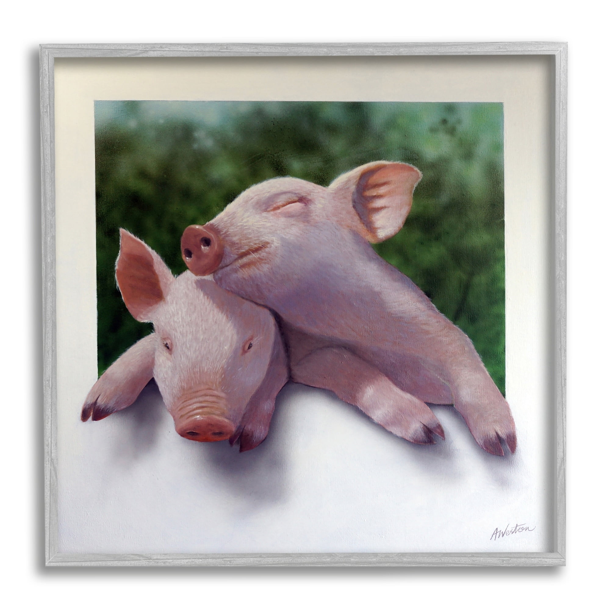 Stupell Industries Sweet Cuddling Pigs Sentimental Farm Animal Portrait Painting Gray Framed Art Print Wall Art, Design by Alan Weston
