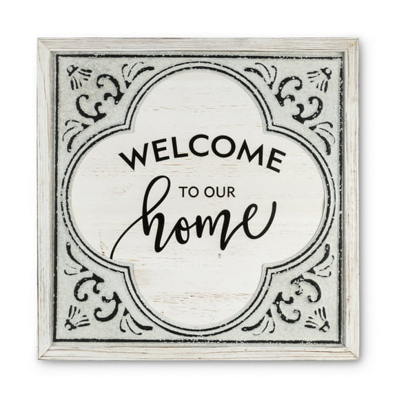 Gerson 23.63in D Antique White Wood and Embossed Metal Welcome Home Wall Art