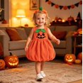 thumbnail image 2 of Toddler Girls Pumpkin Sleeveless Bubble Dress, Jack-o'-Lantern Face Outfit With Matching Leaf Headband Soft Fleece Halloween Costume for Party Cosplay Photo Wear(Orange1,4-5 Years), 2 of 6