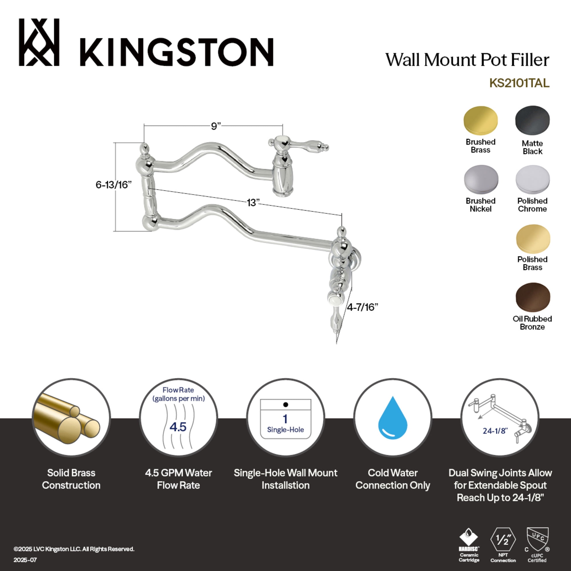 Kingston Brass KS2102TAL Tudor Two-Handle 1-Hole Wall Mount Pot Filler Faucet in Polished Brass