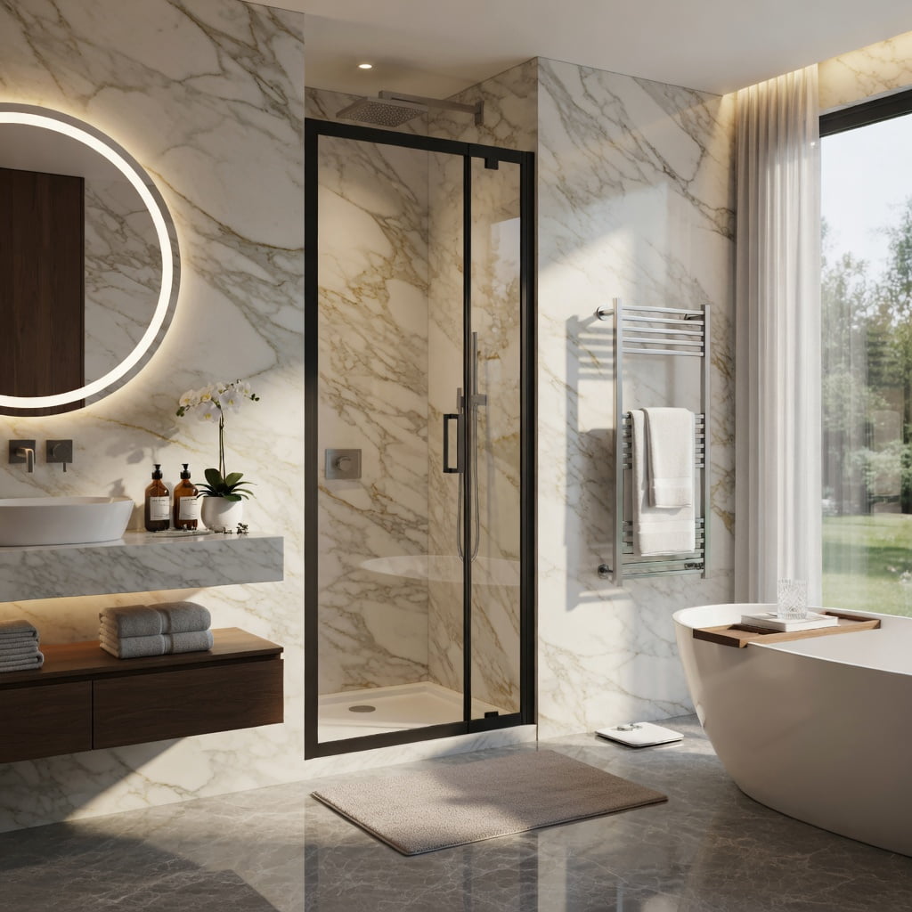 Hommoo Framed Bi-Fold Pivot Shower Door 30" W x 72" H, Aluminum Folding Shower Enclosure with 1/4" Tempered Glass, Reversible Left/Right Installation & Leak-Proof Magnetic Seal, Black & Transparent