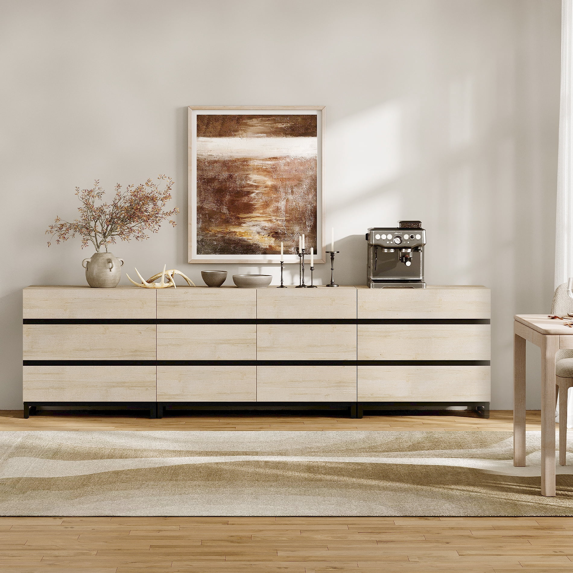 3 In 1 Sideboard Buffet Cabinets With 12 Drawers, Modern Sideboard Credenza With Metal Base, Coffee Bar Cabinet Storage Cabinet,Beige