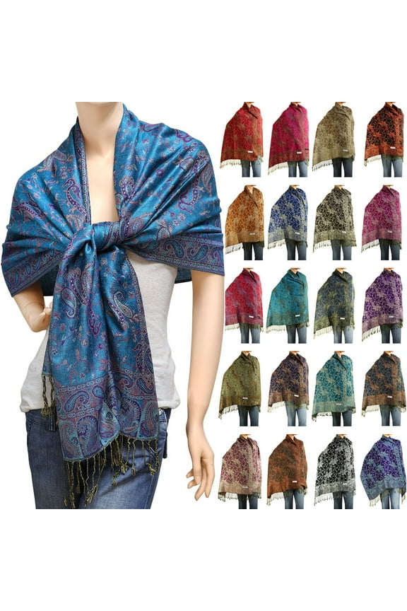 Women's Reversible Paisley Woven Pashmina Shawl Wrap Scarf 80" x 27" Blue