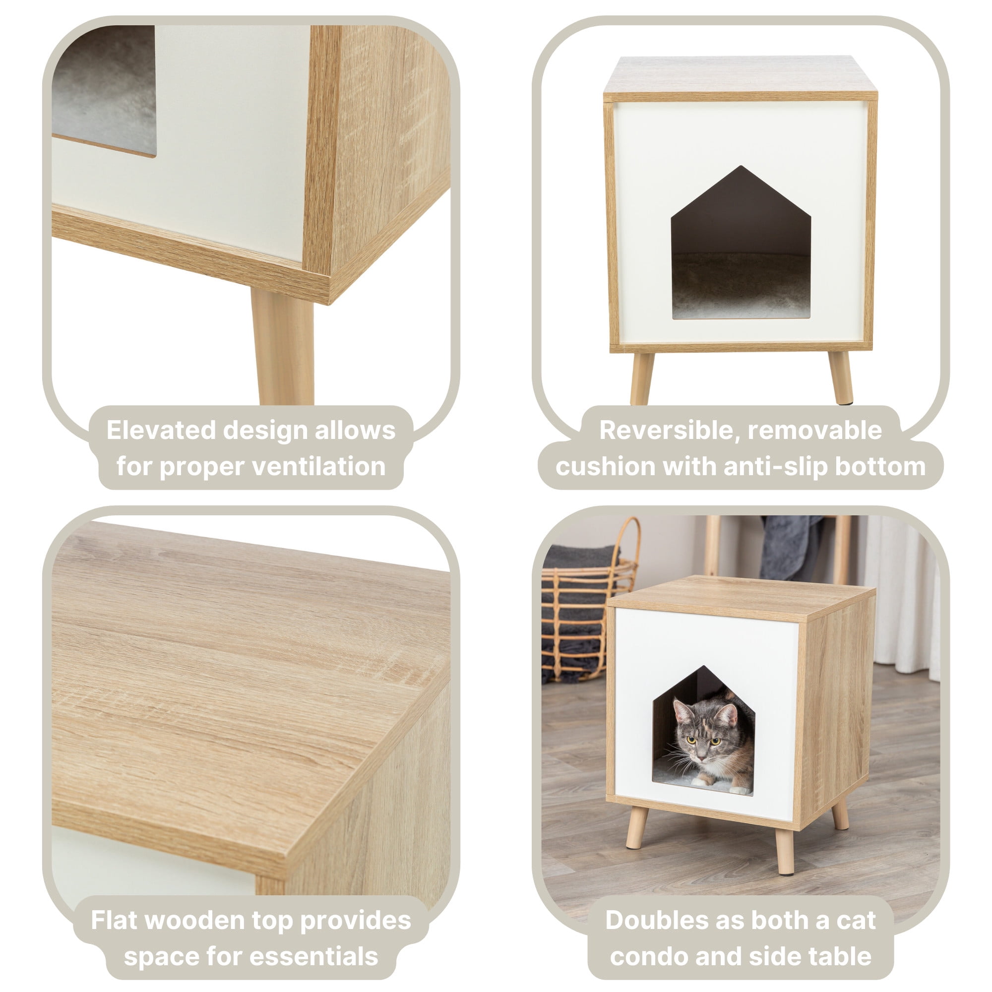 TRIXIE Isa Indoor Wooden Cat Condo, Modern Cat Bed Side Table with Cozy Cushion, Brown/White