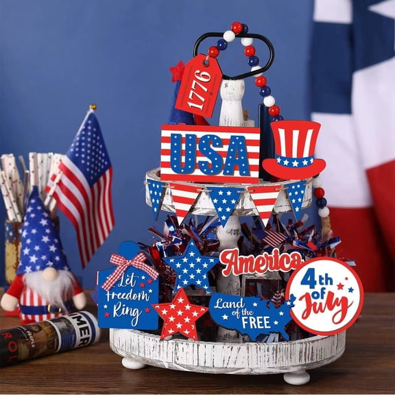 HengDidi 15-Piece Red/White/Blue Wooden Tiered Tray Set - Independence Day Patriotic Decor for Cabinet, Table & Farmhouse Styling