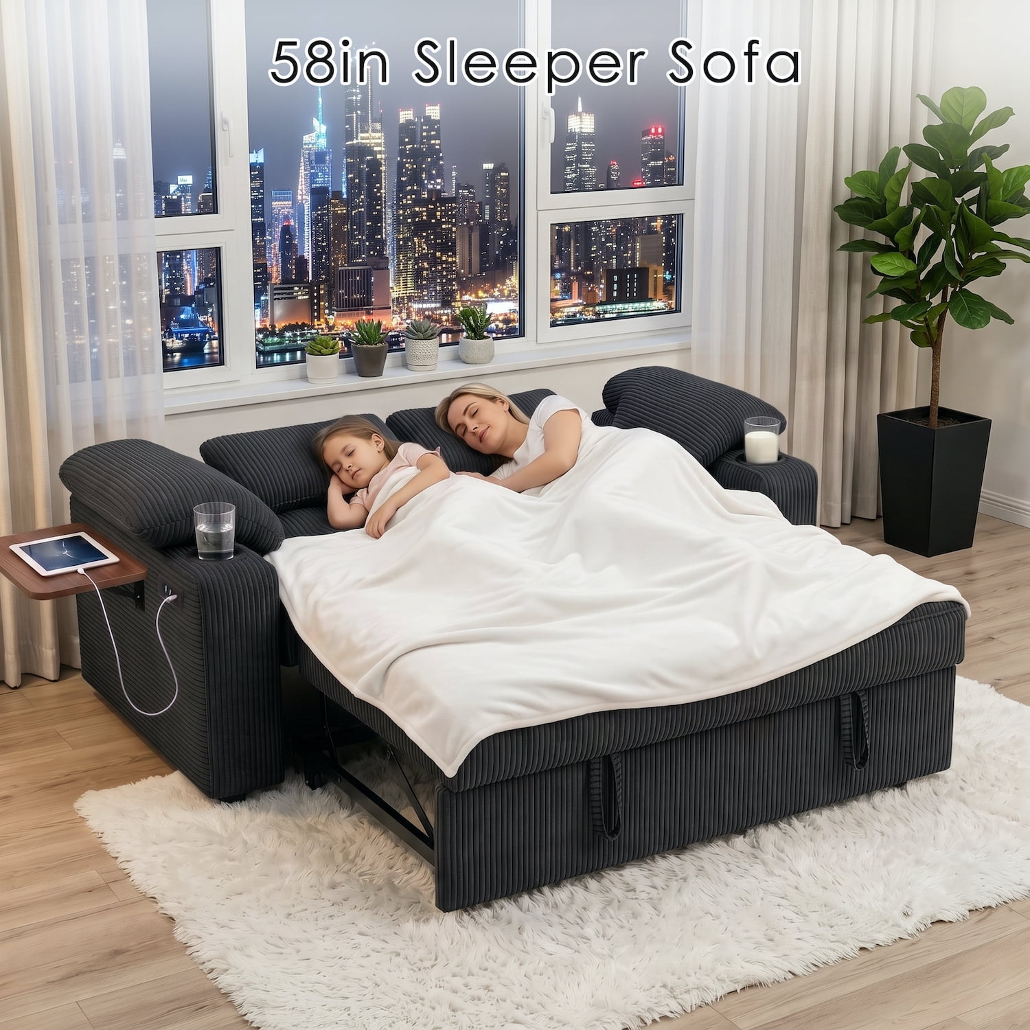 58" Convertible Sleeper Sofa Bed, Full Size Pull Out Couch with USB Charging, Cup Holders, Side Table, Adjustable Backrest, Corduroy Loveseat for Living Room, Apartment, Office (Black)