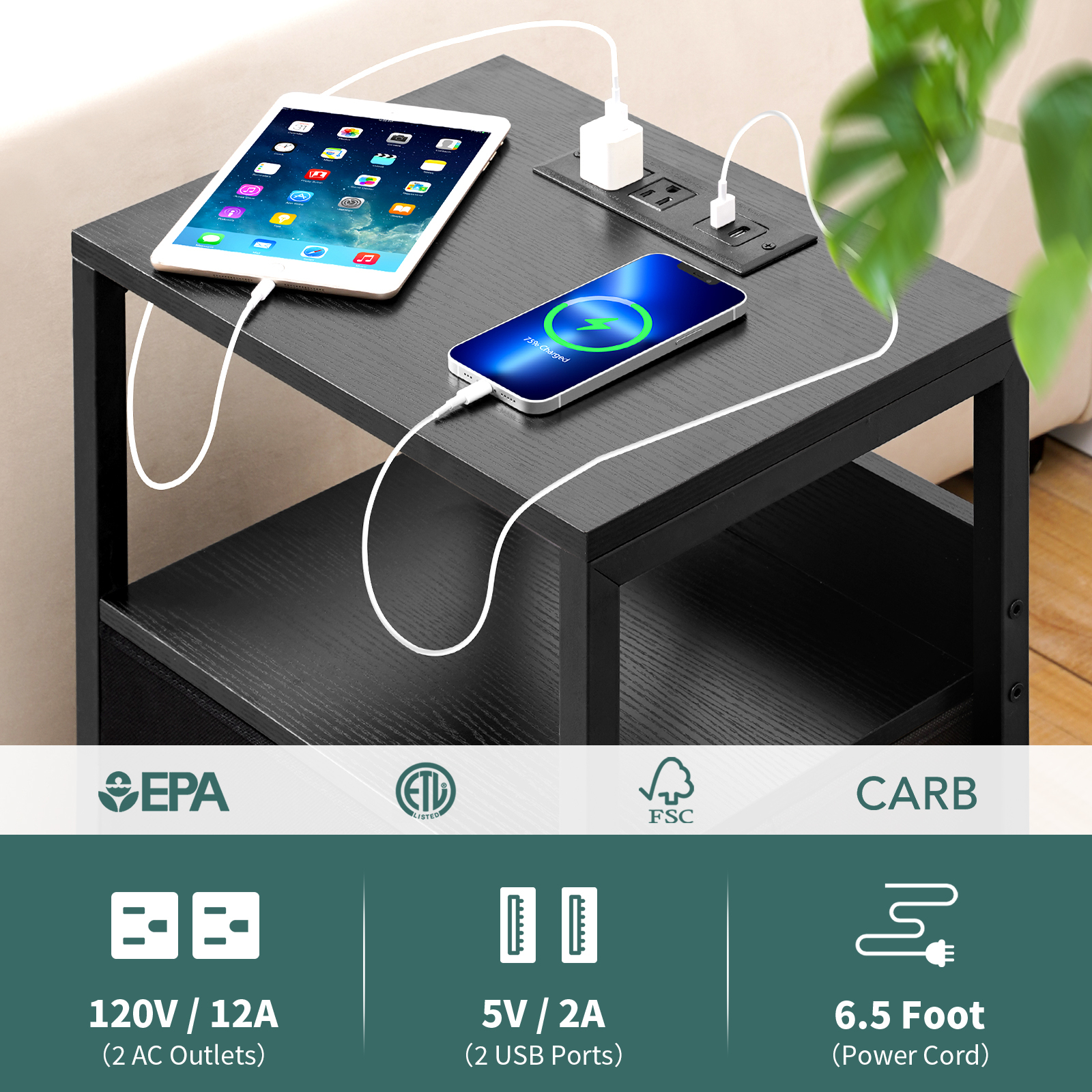 Yoobure Nightstand with LED Charging Station, Black photo 7