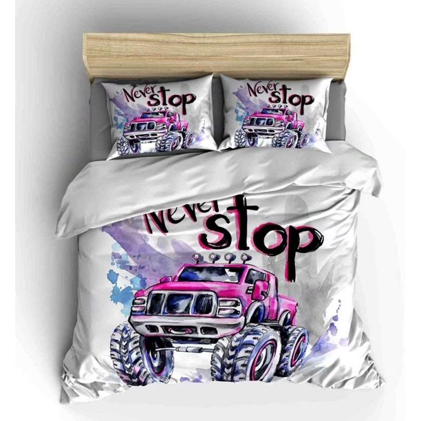 Truck Duvet Cover Set, Medium Size, Watercolor Monster Trucks Never