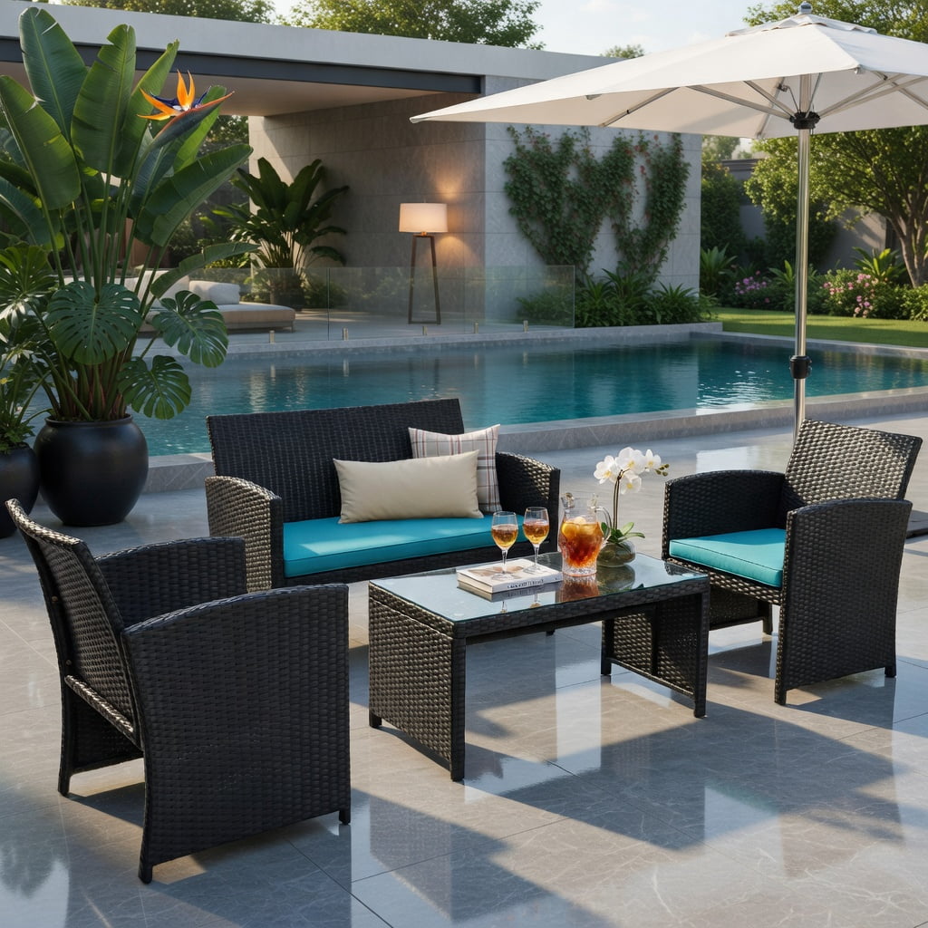 Hommoo 4-Piece Modern Black PE Rattan Patio Furniture Set with Weather-Resistant Cushions, Tempered Glass Coffee Table, Loveseat & 2 Single Sofas for Backyard, Poolside & Balcony, Turquoise