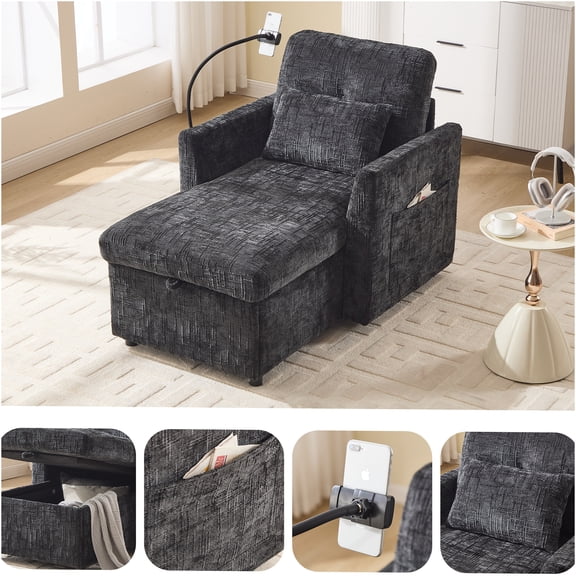 JERFIT Recliner Chair with Phone Holder, Storage Ottoman, Single Sofa for Small Space, Soft Chenille Fabric, Black Leisure Accent Armchair for Living Room, Bedroom