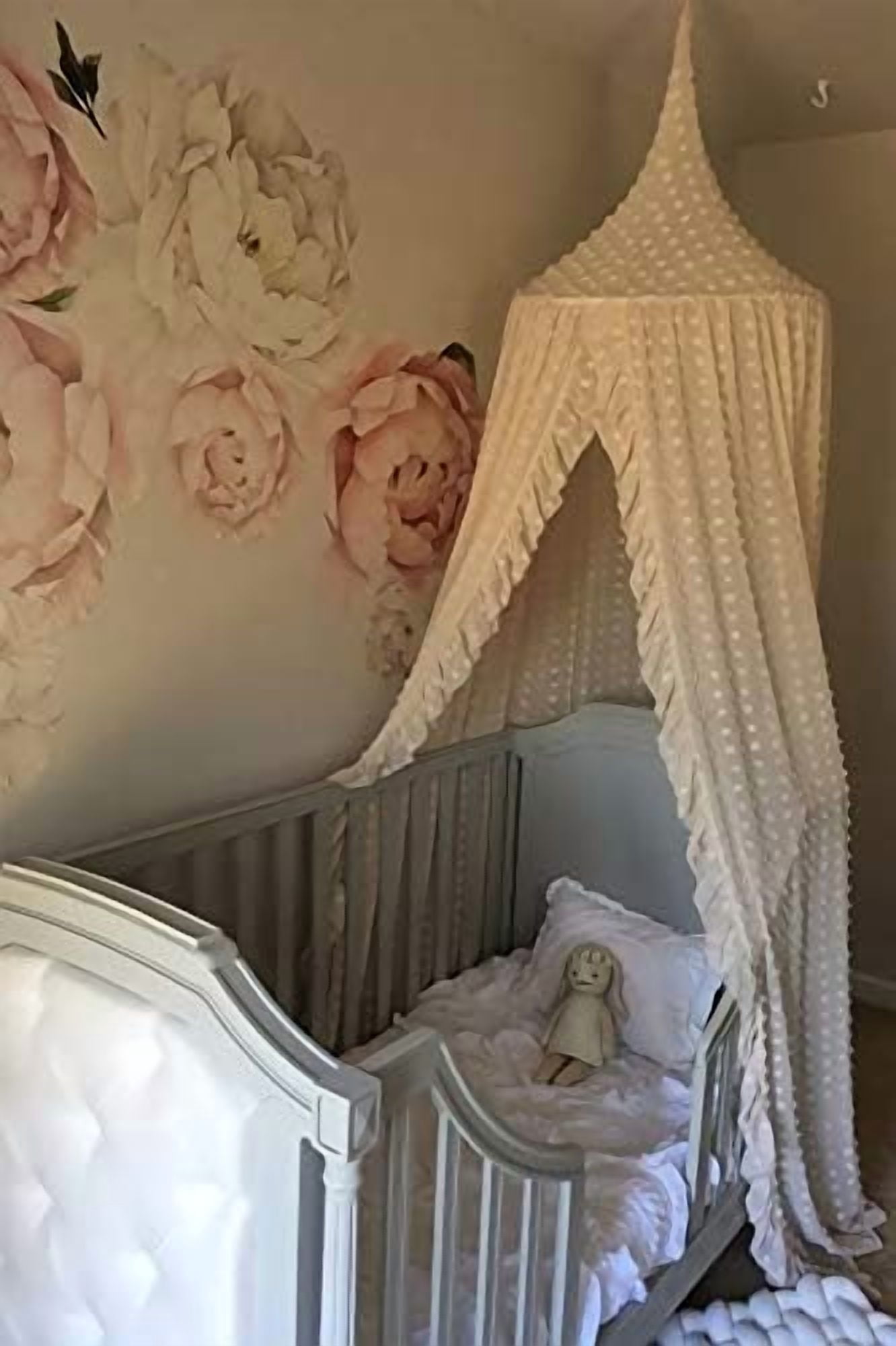 Elegant Kids Bed Canopy - Lace Chiffon Netting with Pom Pom, Princess Girls Fairy Dream Tent, Nursery Room Baby Crib Hanging Curtain Mosquito Net Children Reading Nook Decoration (Beige)