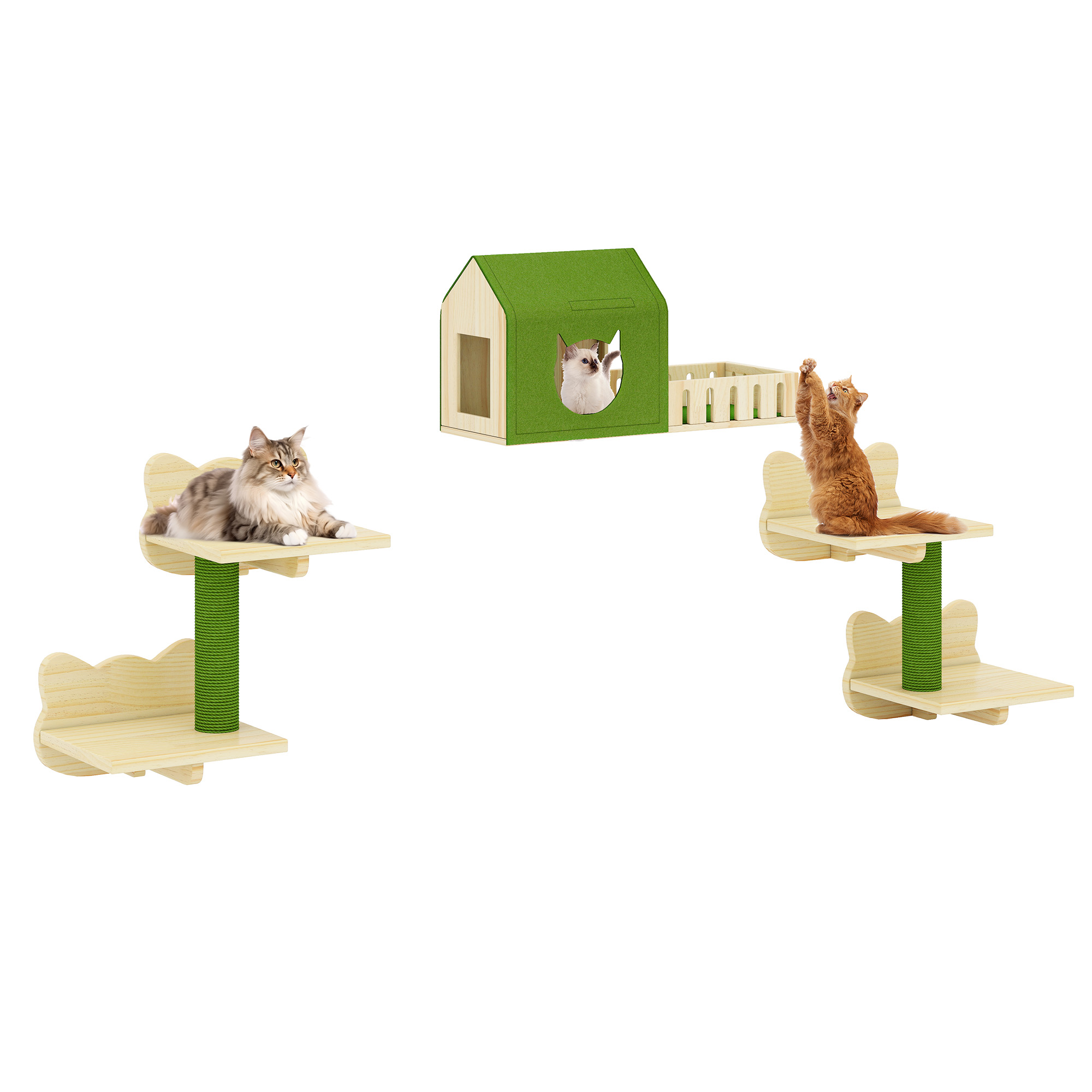 Uforic Cat Wall Shelves and Perches, Wooden Wall-Mounted Cat Furniture Set of 8 with House, 4 Perches, 2 Sisal Posts & Pom-Pom Toy for Indoor, Green & Wood