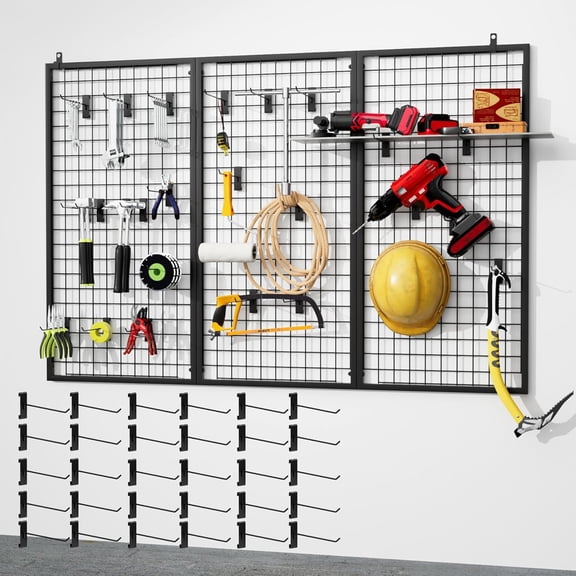 Ztysn 3pcs Wall Mount Grid Wire Panel Display Stand,Metal Mesh Hanging Rack with 30 Hooks, Freely Assembled Display Panel for Workshop Storage Rack Home Garage Organization