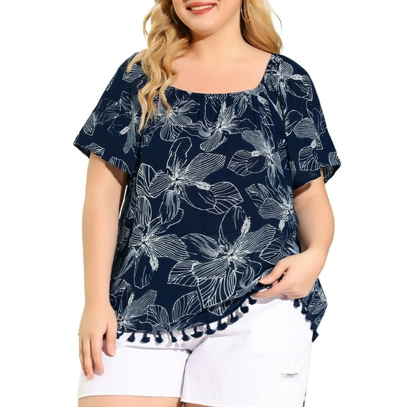 Agnes Orinda Women's Plus Size Boho Blouses Floral Square Neck Short Sleeves Tassel Hem Casual Summer Tops 3X Navy Blue