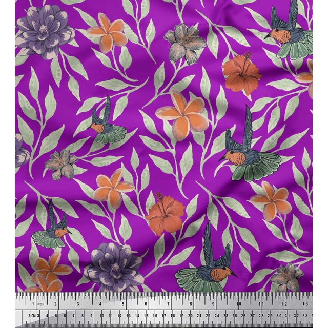 Soimoi Purple Poly Georgette Fabric Flying Bird & Floral Printed Fabric 1 Yard 42 Inch Wide