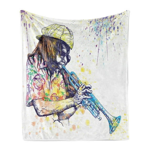 Jazz Music Soft Flannel Fleece Blanket, Illustration of Trumpeter with Paint Splashes at the Background Entertainment, Cozy Plush for Indoor and Outdoor Use, 50" x 60", Purple Yellow, by Ambesonne
