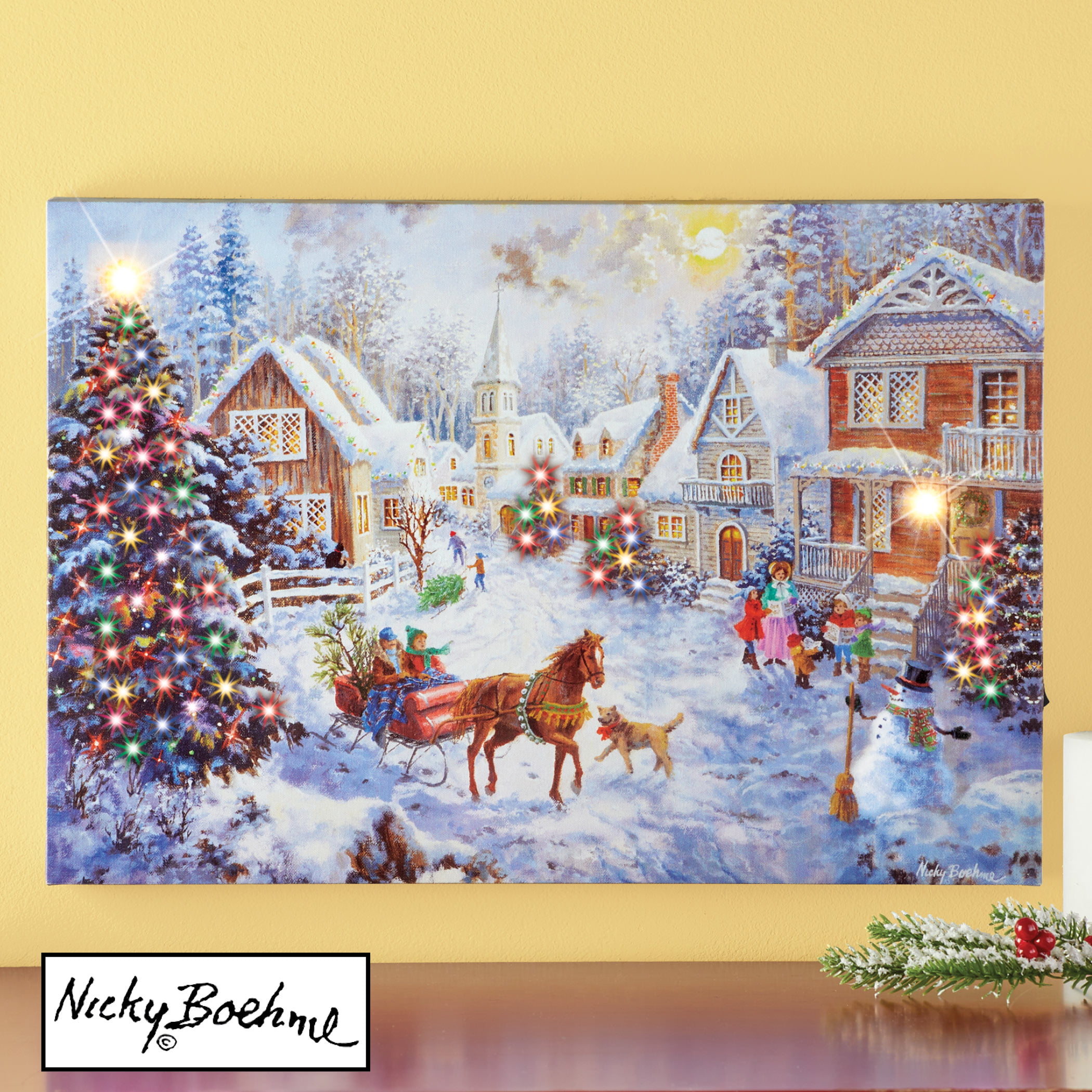 Christmas Village Scene Canvas Picture Print With LED Lights