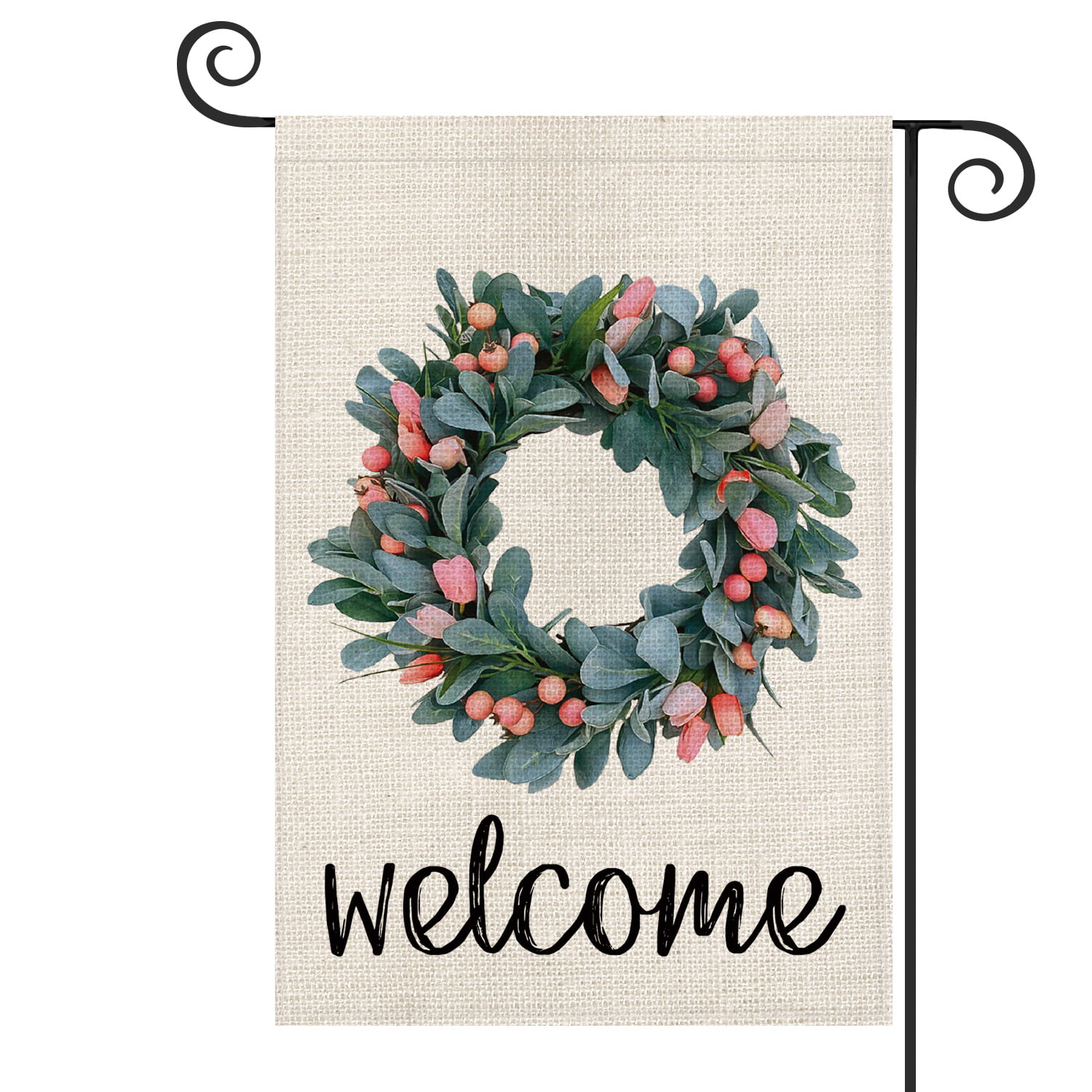 Spring Summer Flag Yard Outdoor Decoration 12.5 x 18 Inch AVOIN Welcome Spring Lamb's Ear Wreath with Pink Tulips and Berries Garden Flag Vertical Double Sided