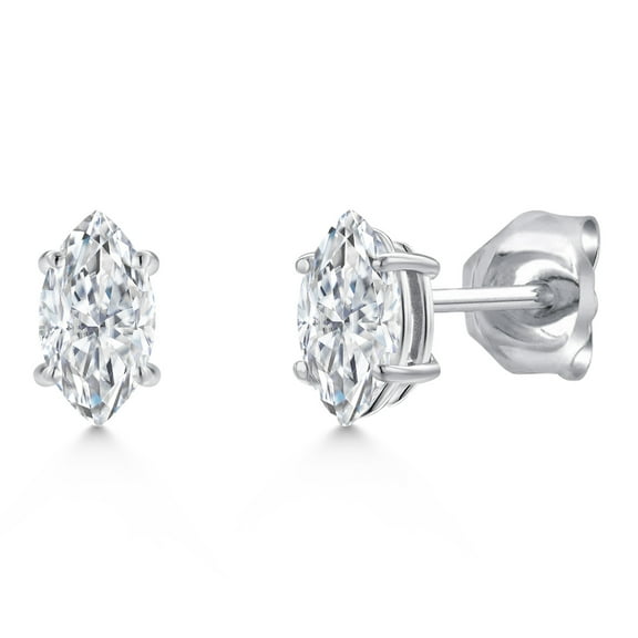 Gem Stone King 14K White Gold White Moissanite Double Notch Stud Earrings for Women Men | 0.46 Cttw | Gemstone Birthstone | Marquise 6X3MM