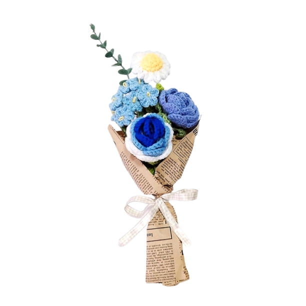 Ramo de flores de ganchillo, flores artificiales, elegante margarita tejida con cuidado, duradera. Azul
