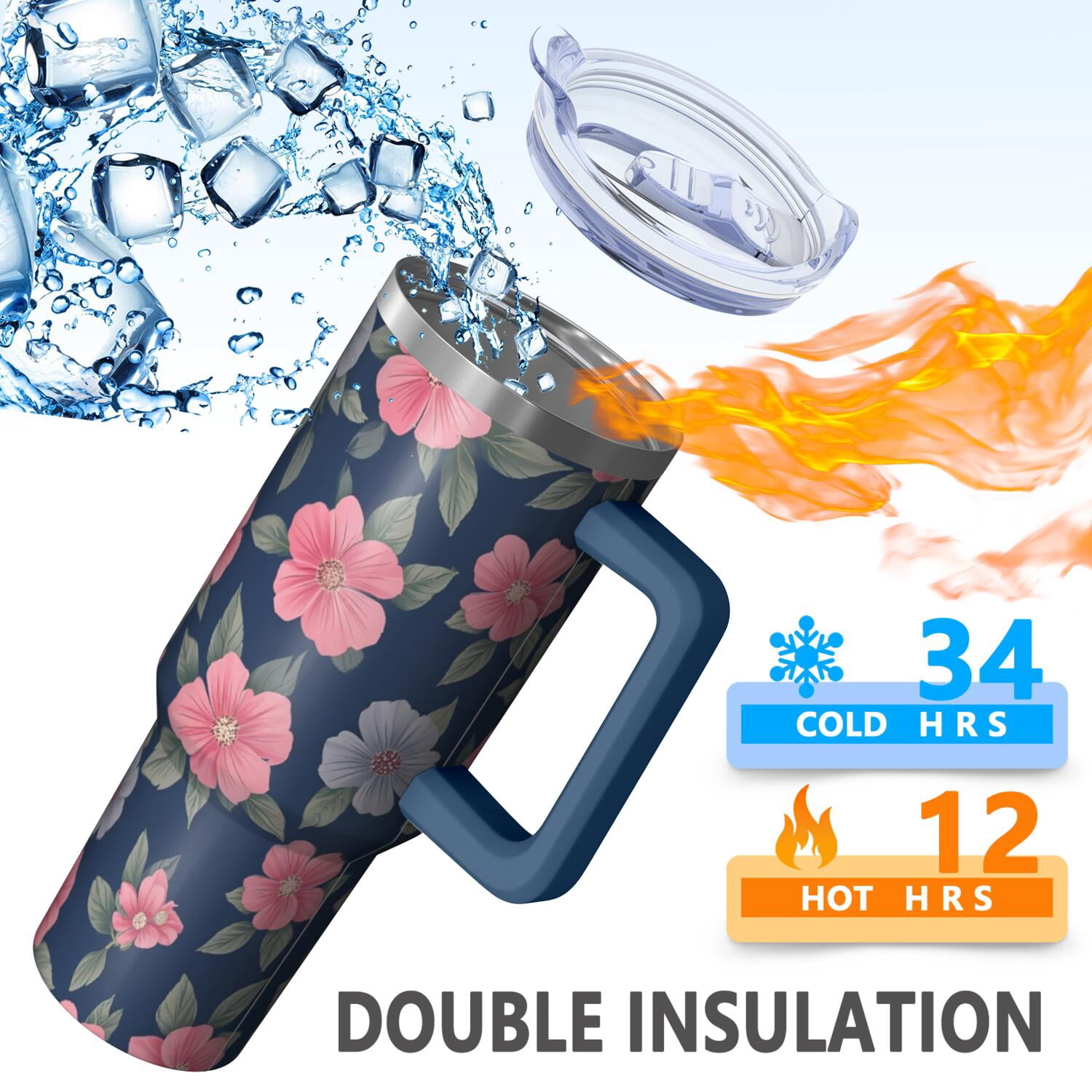 Flower Floral Print Pattern 40oz Tumbler with Handle and Lid, Double Wall Vacuum Insulated Tumbler, Gift Cups for Women and Men
