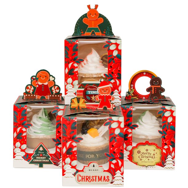 Cajas para Cupcakes Navideñas qiqee 50 unidades con Ventana 9.4x9.4x11.4 cm