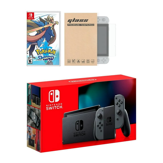 New Nintendo Switch Gray Joy-Con Improved Battery Life Console Bundle with Pokemon Sword NS Game Disc and Mytrix NS Tempered Glass Screen Protector - 2019 New Game!