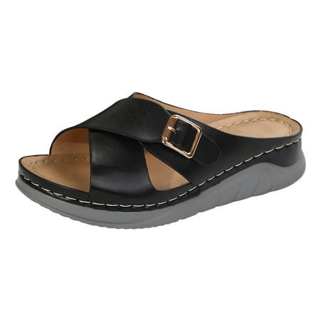 LUOGENLI Female Black Sandals Women Wedge Ladies Summer Casual Solid Colour Soft Leather Hollow out Thick Bottom Beach Slope Heel Large Size Sandals Slippers Black Sandals Women Wedge Thong