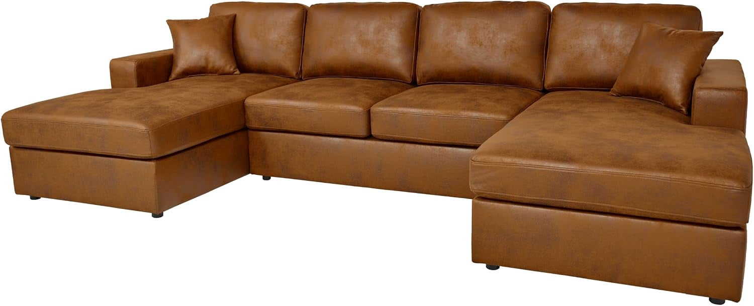 Howcool 120" U‑Shaped Double‑Chaise Modular Sectional Sofa, Cloud Couch 4 Seat Breathable PU Leather & Polyester with Washable Removable Covers for Living Room, Antique Brown