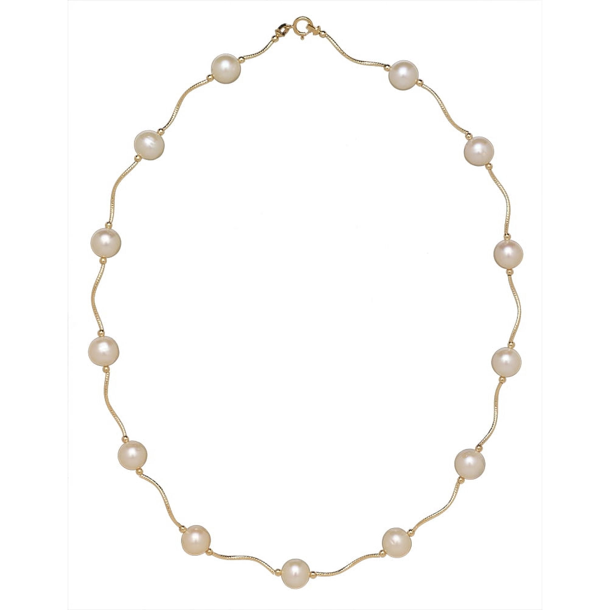 Tilo Jewelry 14K Yellow Gold 8.5-9mm Freshwater Pearl Station Beaded Necklace | 16 Inch | Women & Unisex