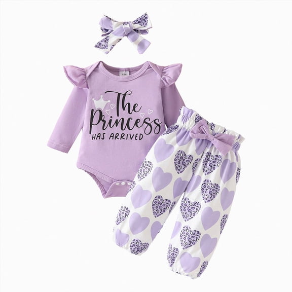 TOWED22 Newborn Baby Girl Outfits Clothes 3-Piece Fall Winter Long Sleeve Round Neck Floral Romper Jumpsuit Bow Pants Headband Bodysuit Set(Light Purple,3-6 M)