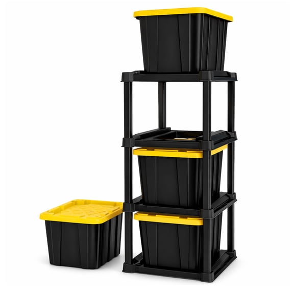 Sterilite 4 Tier Tote Rack Organizer with 4 Pack 27 Gallon Industrial Storage Totes
