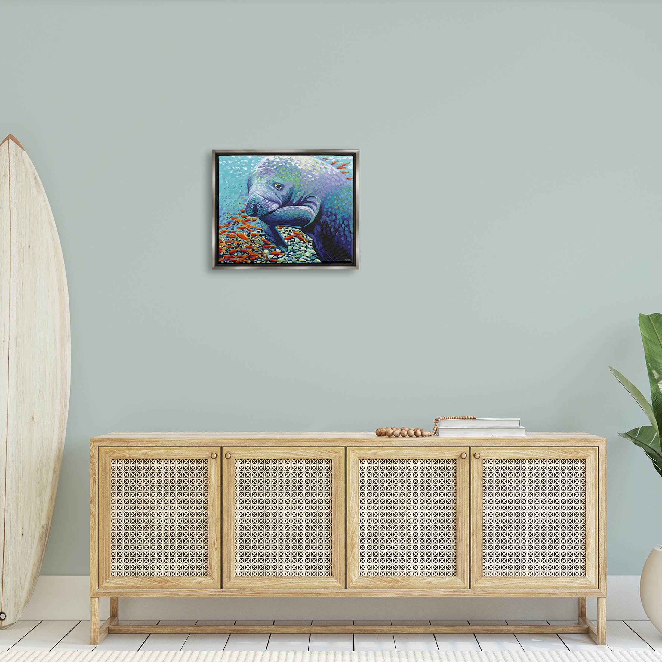 Stupell Industries Underwater Manatee Impressionist Painting Luster Gray Floating Framed Canvas Print Wall Art, Design by Carolee Vitaletti