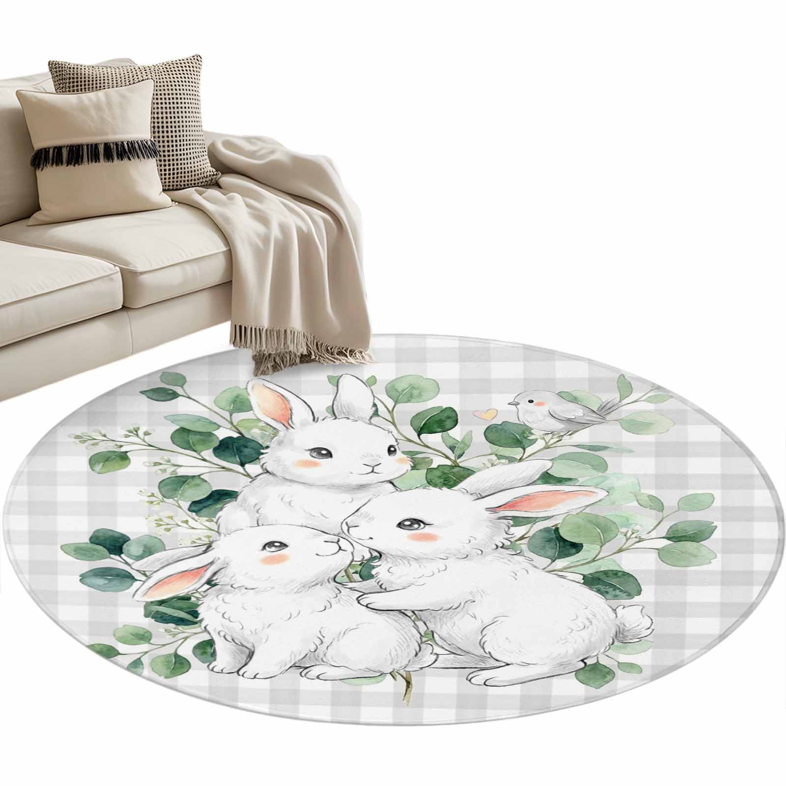 Round Area Rug 3ft Easter White Rabbit Eucalyptus Leaves Non-Slip Non-Shedding Floor Mat Bunny on Gray Buffalo Washable Sturdy Carpet for Living Room Bedroom Home Decor