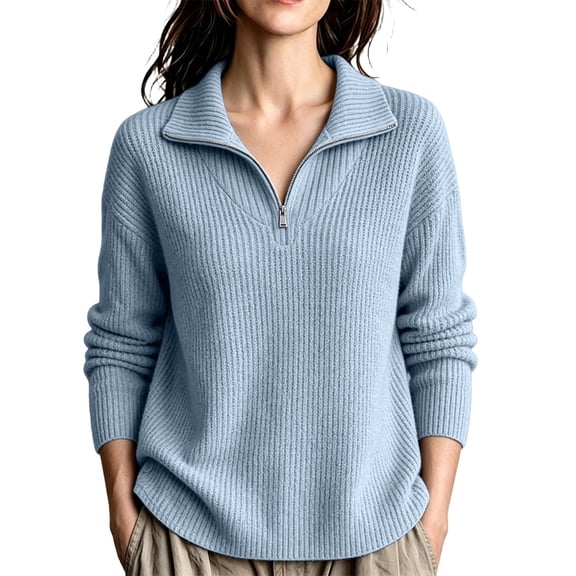 Maean Womens Quarter Zip Sweater V Neck Collared Long Sleeve Knit Sweaters Casual Loose Pullover Tops
