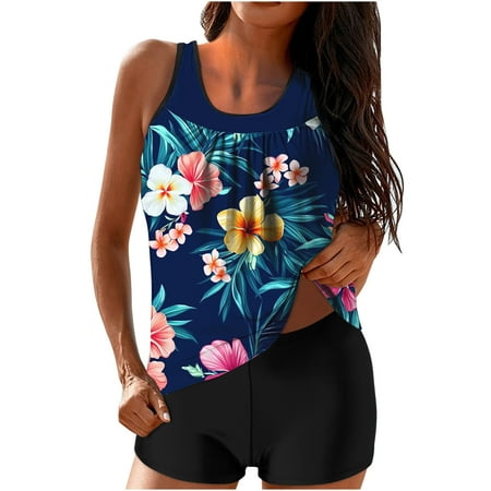 ZQGJB Tankini Swimsuits for Women Two Piece Bathing Suits Mesh Patchwork Scoop Neck Blouson Tank Top with Boyshorts Tummy Control Modest Swimsuits(Multicolor#12 S)